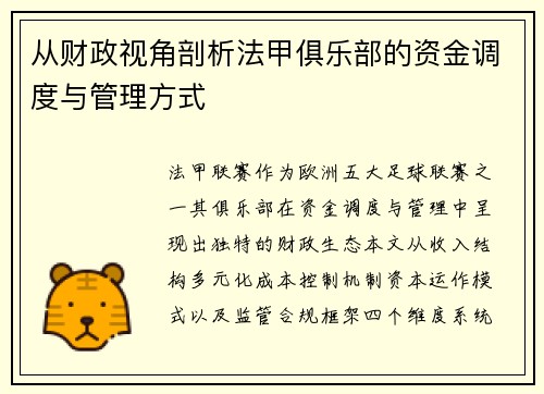 从财政视角剖析法甲俱乐部的资金调度与管理方式